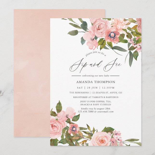 Blush Pink and Rose Gold Roses Sip and See Invitation (Front/Back)