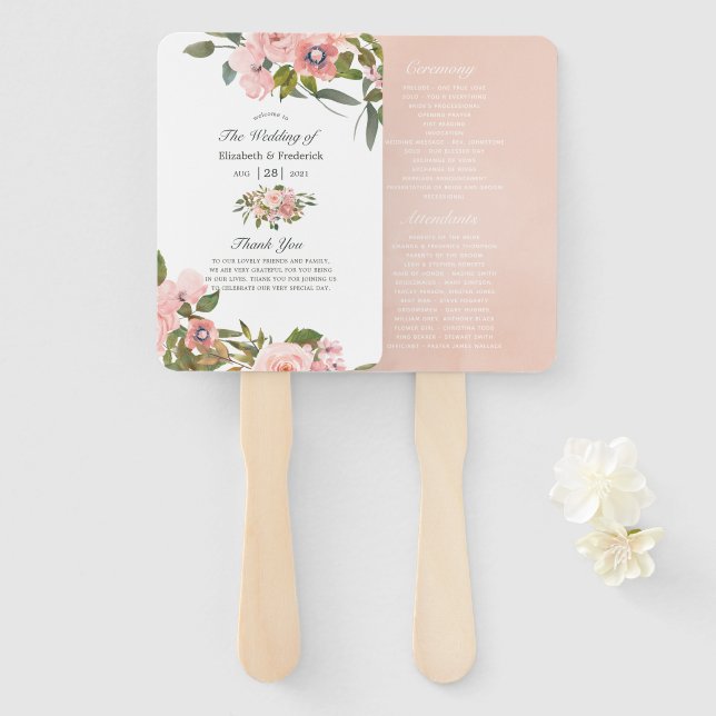 Blush Pink and Rose Gold Roses Wedding Program Hand Fan (Front and Back)