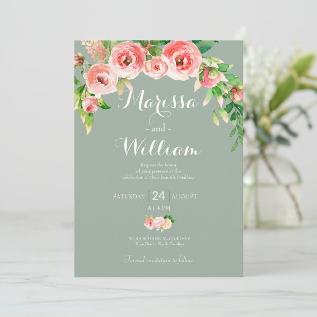 Blush Pink and Sage Elegant Wedding  Invitation (Standing Front)