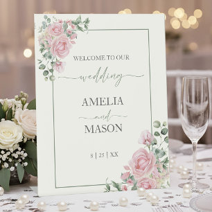 Blush Pink and Sage Green Floral Wedding Welcome Pedestal Sign