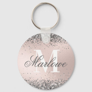 Blush Pink and Silver Glitter Monogram Keychain