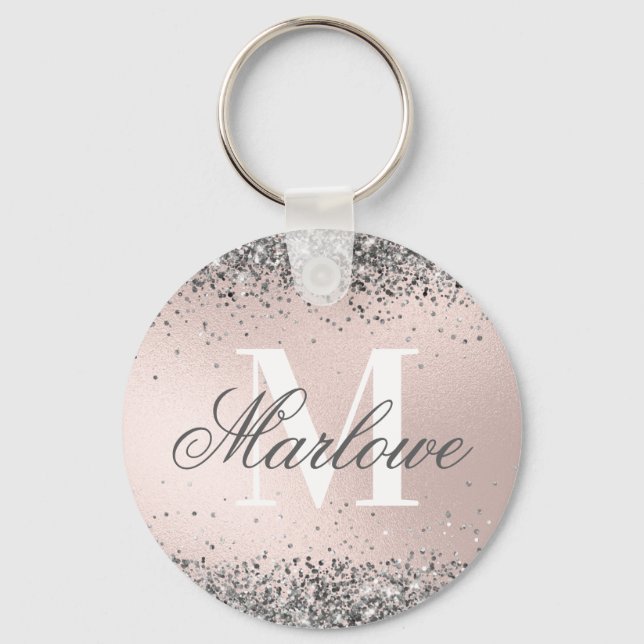 Blush Pink and Silver Glitter Monogram Keychain (Front)