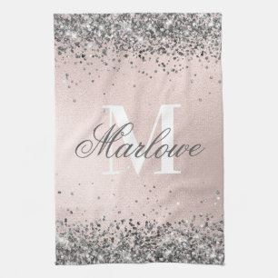 Blush Pink and Silver Glitter Monogram Tea Towel