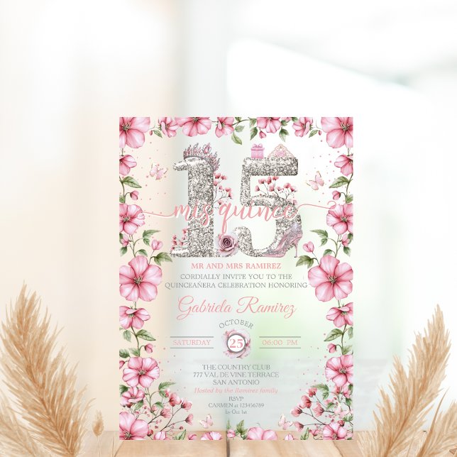 Blush Pink and Silver Tiara Mis Quince Quinceañera Acrylic Invitations (Creator Uploaded)