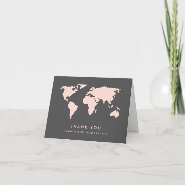 Blush Pink and Smoky Grey | World Map Thank You Card (Front)