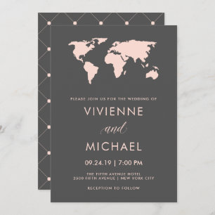 Blush Pink and Smoky Grey World Map Wedding Invitation