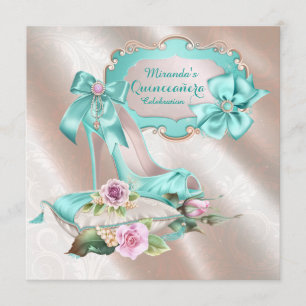 Blush Pink and Teal High Heel Shoe Quinceanera Invitation