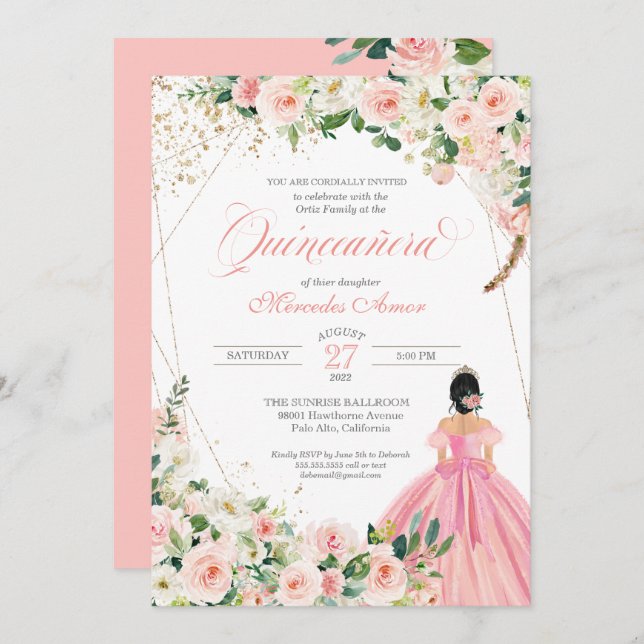 Blush Pink and White Beautiful Floral Quinceanera Invitation (Front/Back)
