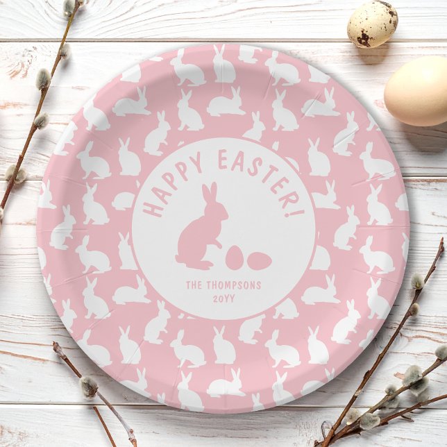 Blush Pink And White Bunny Pattern Happy Easter Paper Plate (Creator Uploaded)
