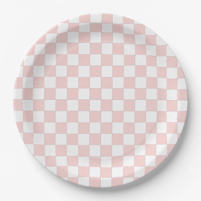 Blush Pink and White Chequered Paper Plate (Front)