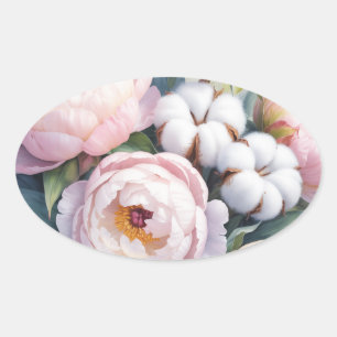 Blush Pink and White Cotton Wedding Oval Sticker