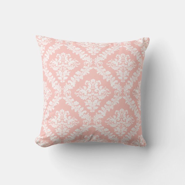 Blush pink and white damask pattern throw cushion (Front)