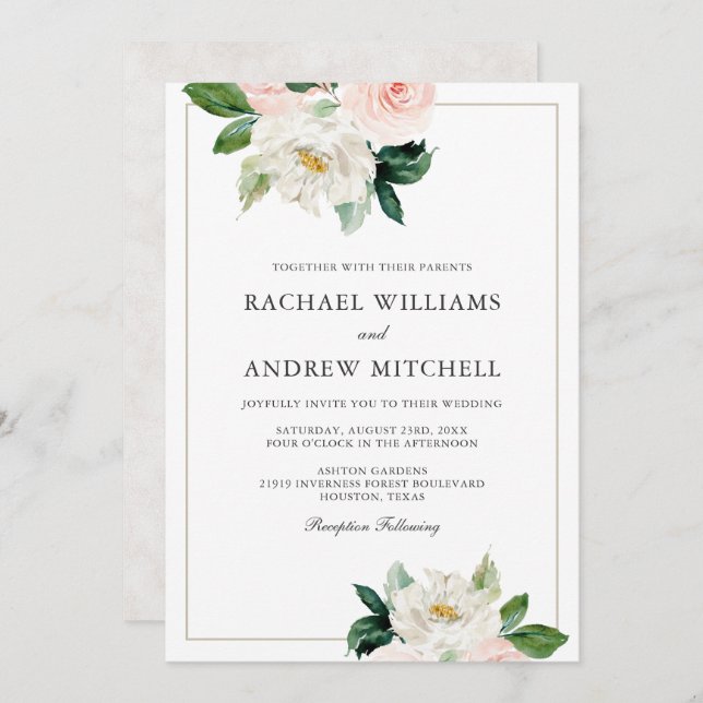 Blush Pink and White Elegant Floral Wedding Invitation (Front/Back)