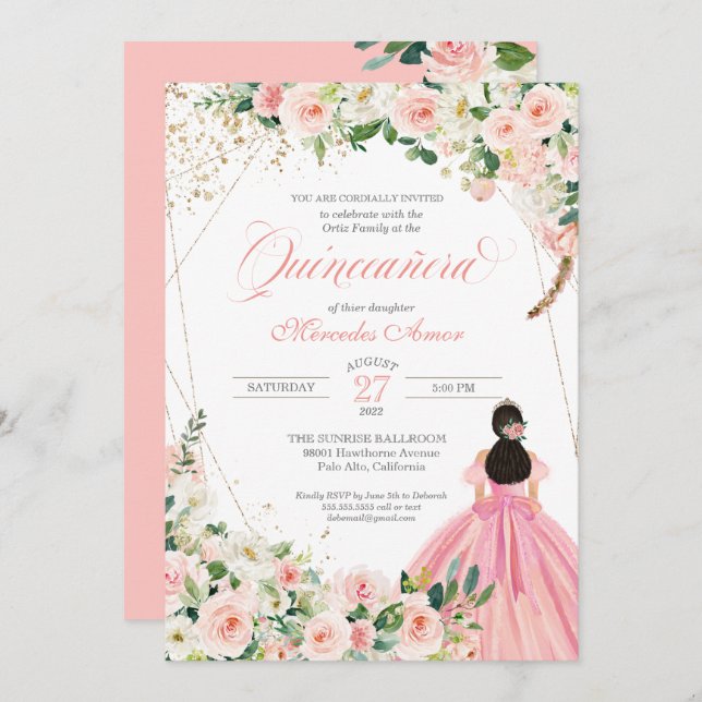 Blush Pink and White Floral Quinceanera Invitation (Front/Back)