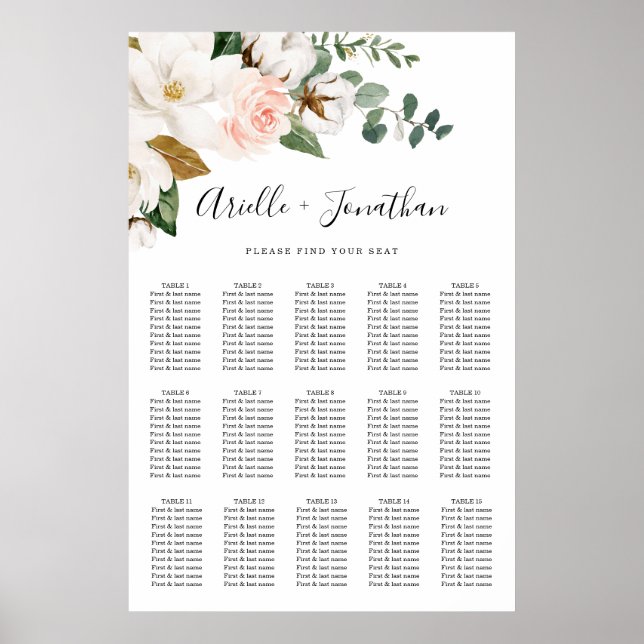 Blush Pink and White Floral Wedding Seating Chart (Front)