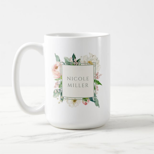 Blush Pink and White Floral with Name Coffee Mug (Left)