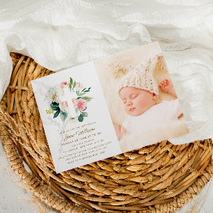blush pink and white florals Baptism photo Invitation