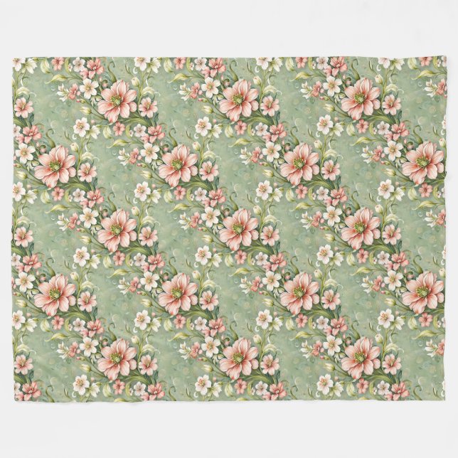 Blush Pink and White Flowers on Sage Fleece Blanket (Front (Horizontal))