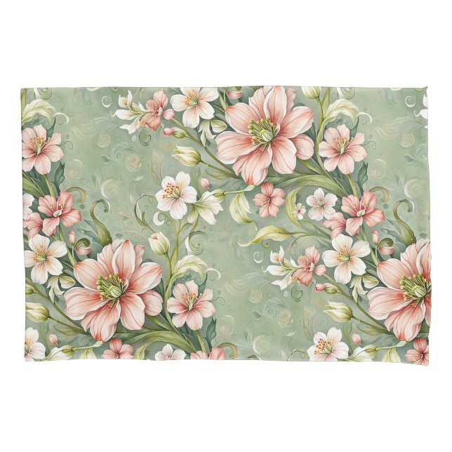 Blush Pink and White Flowers on Sage Pillowcase (Front)