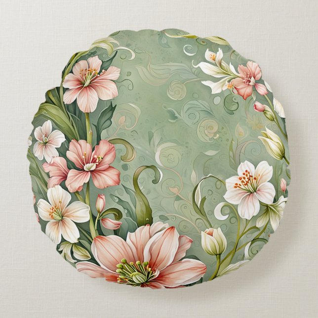 Blush Pink and White Flowers on Sage Round Cushion (Front)