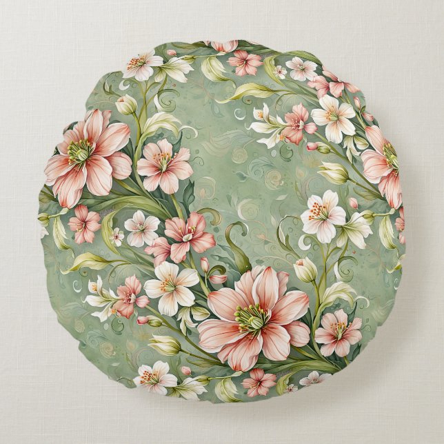 Blush Pink and White Flowers on Sage Round Cushion (Front)