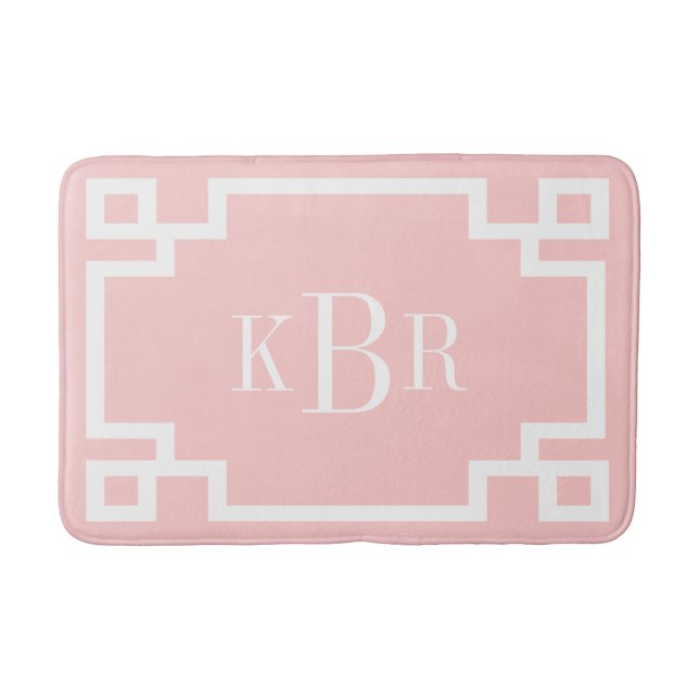 Blush Pink and White Greek Key Custom Monogram Bath Mat (Front)