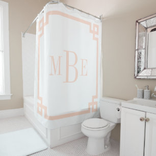 Blush Pink and White Greek Key Monogrammed Shower Curtain
