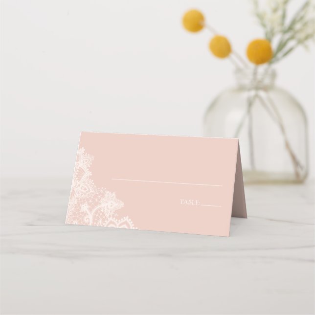 Blush Pink and White Lace Pink Wedding Place Card (Front)