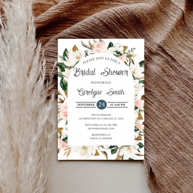 Blush Pink and White Magnolia Arch Bridal Shower Invitation (Creator Uploaded)