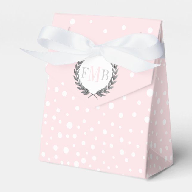 Blush pink and white polka dot pattern wedding fav favour box (Front Side)