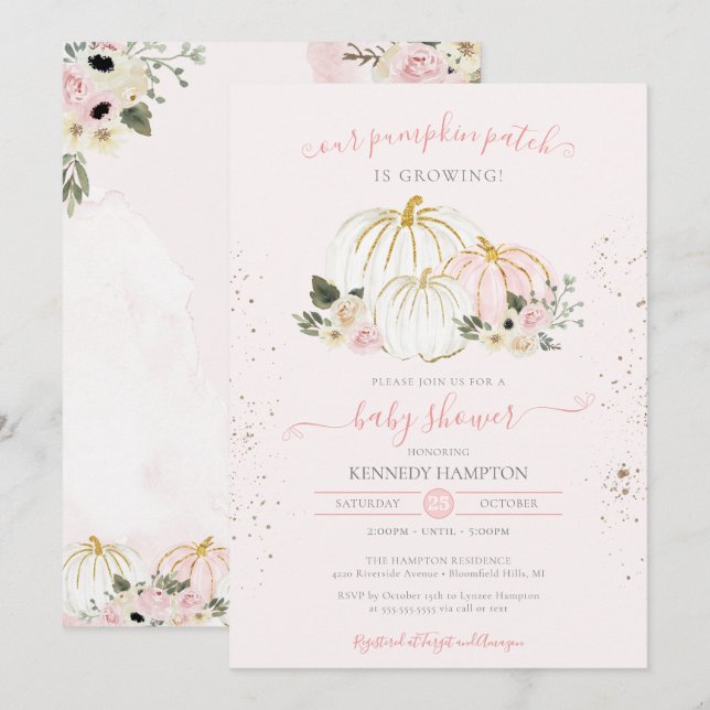 Blush Pink and White Pumpkin Autumn Baby Shower In Invitation (Front/Back)