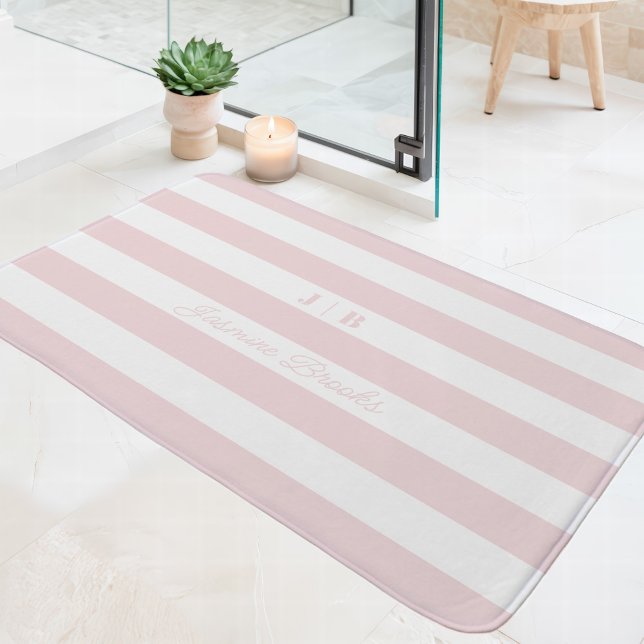 Blush Pink And White Wide Stripes Monogram Name Bath Mat (Creator Uploaded)