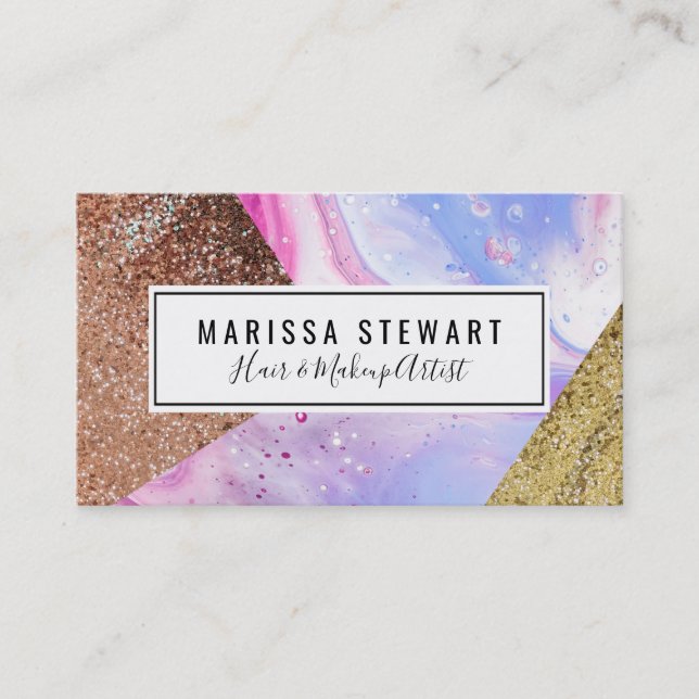 Blush Pink Aqua Blue Liquid Marble Glitter Geo Business Card (Front)