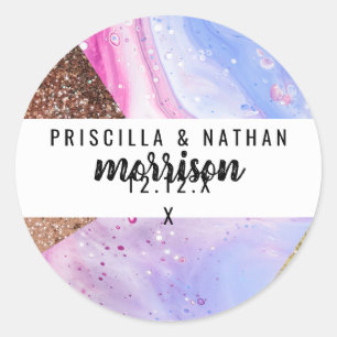 Blush Pink Aqua Blue Liquid Marble Glitter Geo Classic Round Sticker