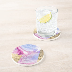 Blush Pink Aqua Blue Liquid Marble Glitter Geo Coaster