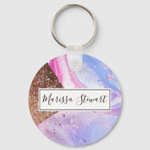 Blush Pink Aqua Blue Liquid Marble Glitter Geo Key Ring