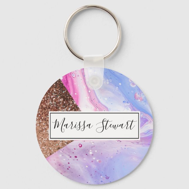 Blush Pink Aqua Blue Liquid Marble Glitter Geo Key Ring (Front)