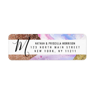 Blush Pink Aqua Blue Liquid Marble Glitter Geo Return Address Label