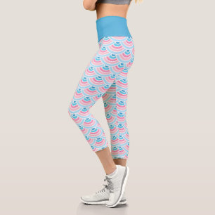 Blush Pink Aqua Blue Wave Circles Art Pattern Capri Leggings