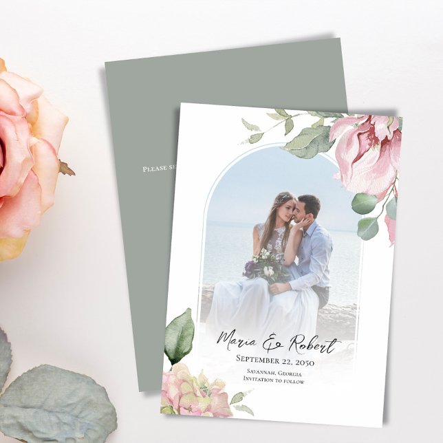 Blush Pink Arch Floral Wedding Elegant Save The Date (Elegant wedding watercolor blush pink arch save the date photo card. )