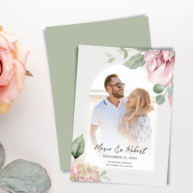 Blush Pink Arch Wedding Elegant Floral Save The Date (Elegant wedding save the date photo card. )