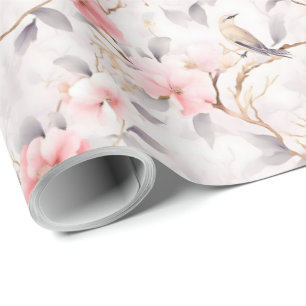 Blush Pink Asian Floral Bird Wrapping Paper