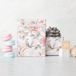 Blush Pink Asian Floral Bird Wrapping Paper