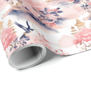 Blush Pink Asian House Floral Wrapping Paper