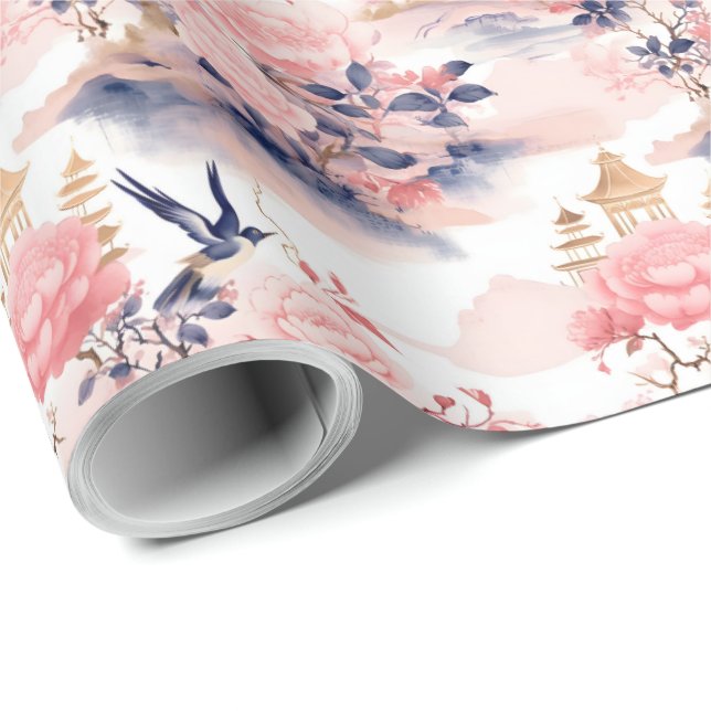 Blush Pink Asian House Floral  Wrapping Paper (Roll Corner)