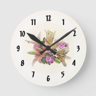 Blush Pink Asiatic Lilies and Carnations Round Clock