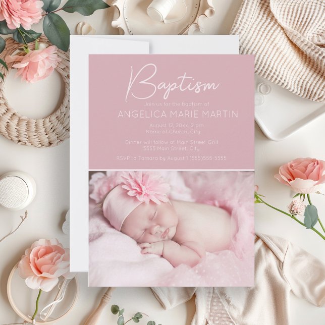 Blush Pink Baby Girl Photo Baptism Invitation (Blush pink baby baptism photo invitation)