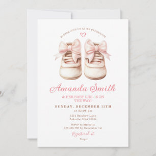 Blush Pink Baby Shoes Girl Bow Booties Baby Shower Invitation