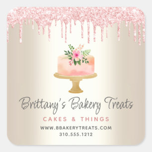 Blush Pink Bakery Cake Glitter Drips Dessert Gold Square Sticker