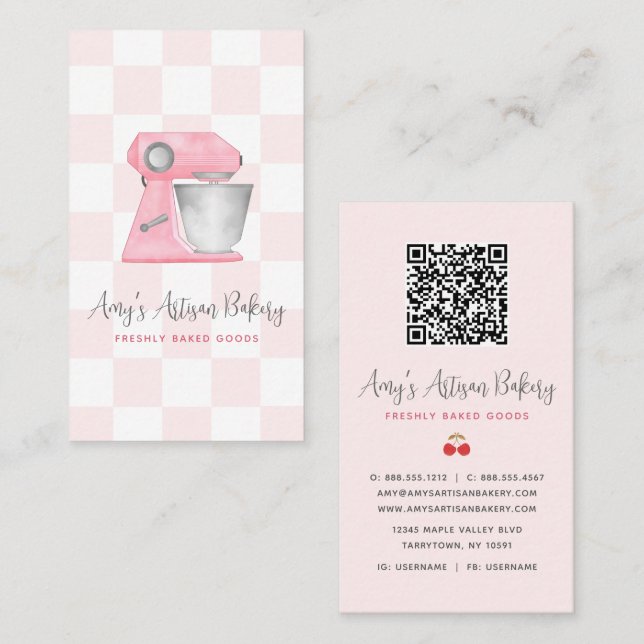 Blush Pink Bakery Mixer Chequered Pattern QR Code Business Card (Front/Back)
